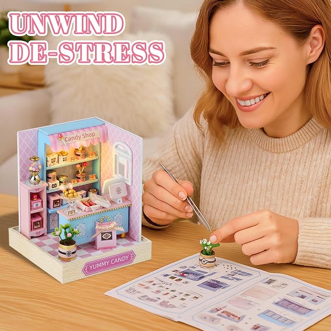 Kisoy Dollhouse Miniature with Furniture Kit, DIY 3D Wooden DIY House Kit with Dust Cover,Handmade Tiny House Toys for Teens Adults Gift (Yummy Candy)
