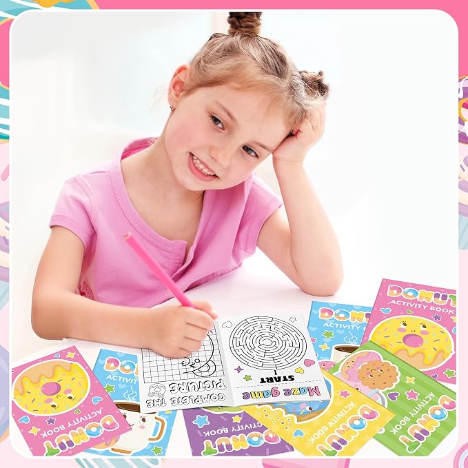 Donut Activity Books for Kids - 48Pcs Cute Doughnut Mini Game Coloring Booklet Bulk Maze Word Scramble Word Search Games for Birthday School DIY Activity Supplies Classroom Reward Goodies Bag Stuffer