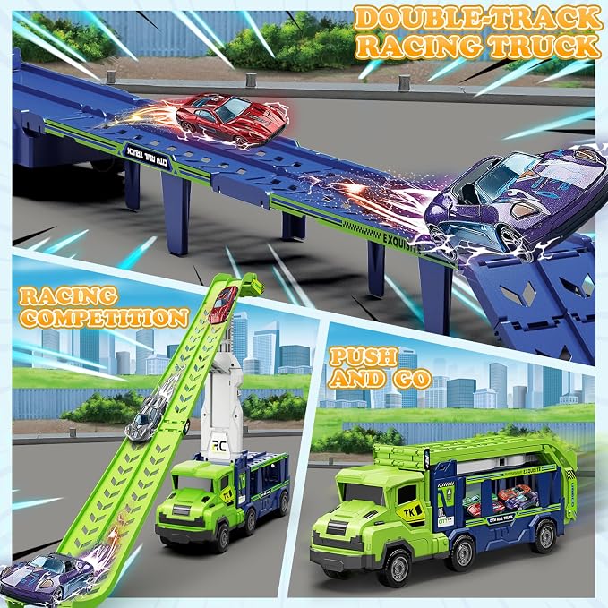 Truck Car Toys for 3, 4, 5, 6, 7, 8 Years Old Kids, Carrier Truck Race Track Toys, Foldable Transport Car Toys with 2 Foldable Race Tracks, 6 Metal Cars, Birthday Gifts for Toddler Boys Girls