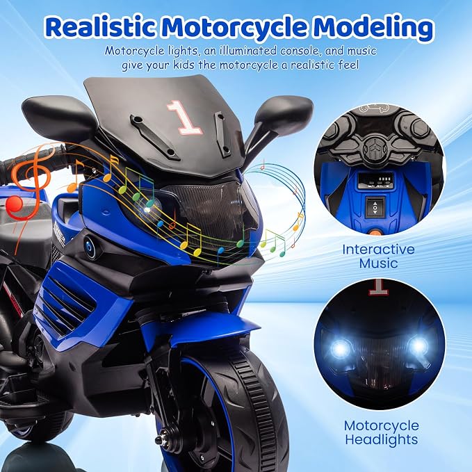 Kids Ride On Motorcycle, 6V Battery Powered Electric Motorcycle, w/Treaded Tires, Horn, Working Headlight, Music, Training Wheels, Stable Ride On Toys for Kids Toddler Boys Girls 3-6, Blue