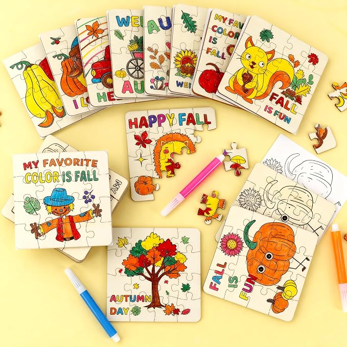 Fall Thanksgiving Wooden Crafts for Kids Autumn Activities Kit Blank Puzzle | 24 Set Thanksgiving wood Jigsaw leaf Turkey Fall Harvest Party Favors Classroom Gift Arts DIY Coloring Game Toy Supplies Bulk