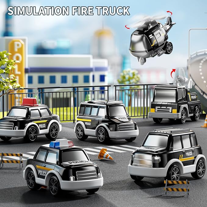 JUKUDAHU Police Truck Toy for 3-9 Years Old Boys & Girls - 7 in 1 Black Carrier Vehicle Set with 5 Toy Cars & 1 Helicopter, Friction Powered Car for Kids Age 1-3, Birthday Gifts for Toddlers 3-5