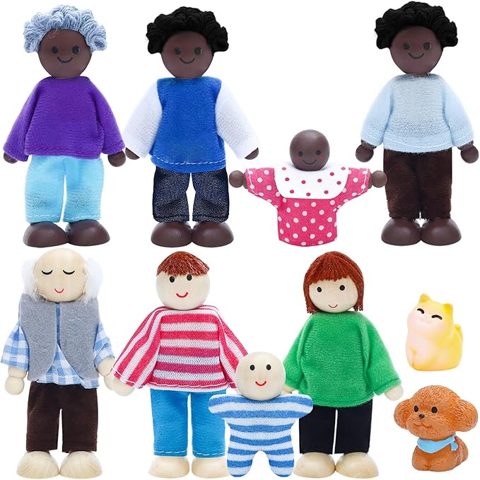 ONEST 10 Pieces Wooden Dollhouse Family Set Mini People Figures Sets Dollhouse Dolls Wooden Doll Family Pretend Play Figures Accessories for Pretend Doll House