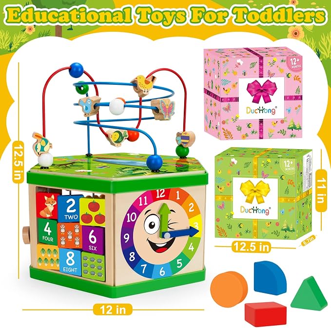 Wooden Activity Cube for 1 Year old, 12-18 Month Boys & Girls, 7-in-1 STEM Montessori Early Developmental Learning Toys for Kids Aged 1-2, Ideal 1st Birthday Gift Toys for Baby, Toddlers (Green)