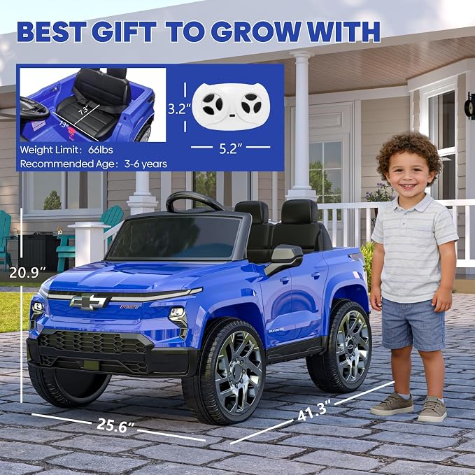 24V Ride On Toy, Licensed Chevrolet Silverado Vehicle for Kids, Birthday Gift Electric Cars with Remote Control for Toddlers, Wide Seat, Soft Start, 3 Speed, Music Player, Blue