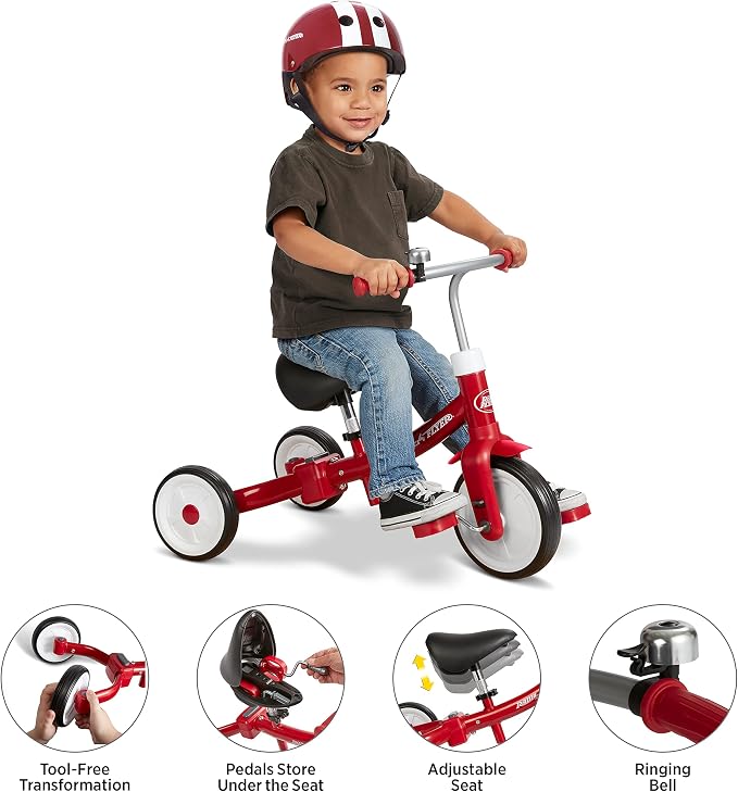 Radio Flyer Triple Play Trike, For Ages 1-3, 3-in-1 Ride-On, Tricycle or Balance Bike, Tool-Free Transformation, Adjustable Padded Seat, Pedal Storage, Ringing Bell, Steel Frame, Tricycle for Toddlers