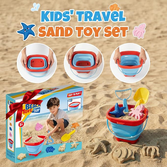Beach Sand Toys Set for Toddlers, Portable Travel Beach Toys with Collapsible Bucket, Shovel, Rake, 3 Molds & Mesh Storage Bag for Kids, Summer Gift