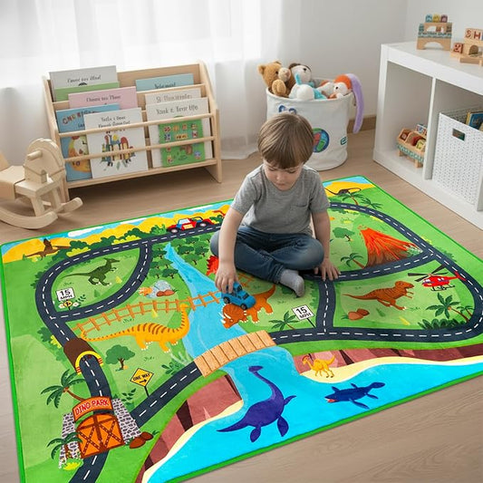 Car Rug Play Mat,3'3" x 4'11" Dinosaur Park Road Car Mat for Kids,Non-Slip Dino Car Track Rugs for Kids Toy Cars,Educational Kid Road Playmat Rug for Playroom Bedroom Kid Room(for Age 2+)
