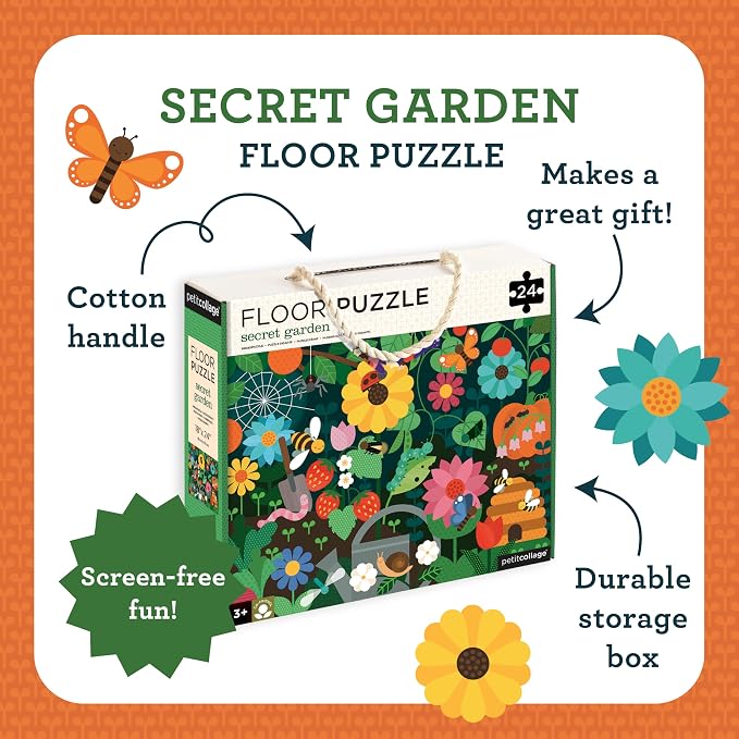 Petit Collage Floor Puzzle, Secret Garden, 24-Pieces – Large Puzzle for Kids, Completed Garden Puzzle Measures 18” x 24” – Makes a Great Gift Idea for Ages 3+