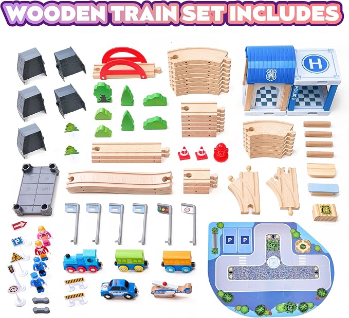102Pcs Wooden Train Set for Toddlers, Wooden Train Track - Expandable and Changeable, Safe Educational Train Toys Gift for Boys & Girls Kids Ages 3-5 4-8, Compatible with All Major Brands