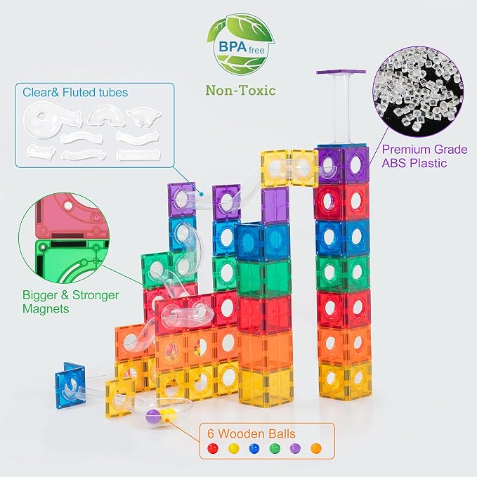 MEGAGONTILES Marble Run Magnetic Tiles Set 120PCS | STEM-Authenticated Magnetic Building Blocks with Marble Track Pieces | Educational Construction Toy for Kids Ages 3–8 (Boys & Girls)
