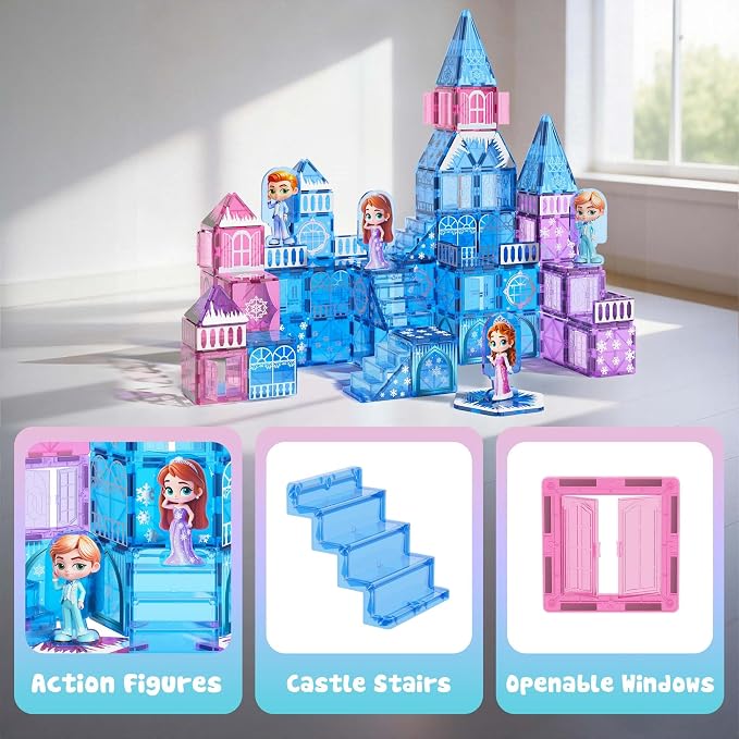 GobiDex 100PCS Magnetic Tiles Princess Castle with 4 Dolls & Stairs, Princess Magnetic Building Blocks for Kids Ages 3-5 4-8, Magnets Sensory Toddler Toys Birthday Gifts for 3+ Year Old Girls Boys