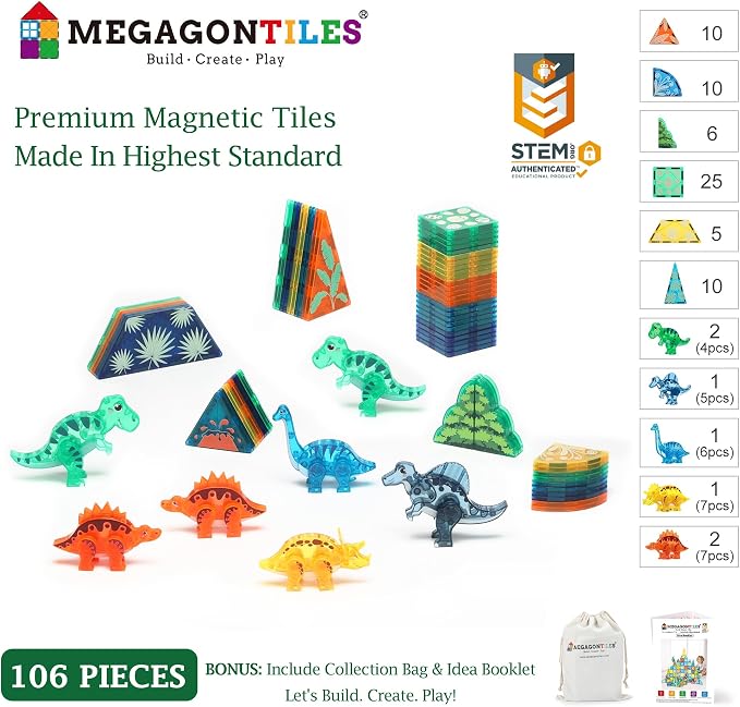 MEGAGONTILES Dinosaur Magnetic Tiles Set 106PCS | STEM-Authenticated Magnet Building Blocks with Dinosaur Animals | Educational Construction Toy for Toddlers & Kids Ages 3–8 (Boys & Girls)