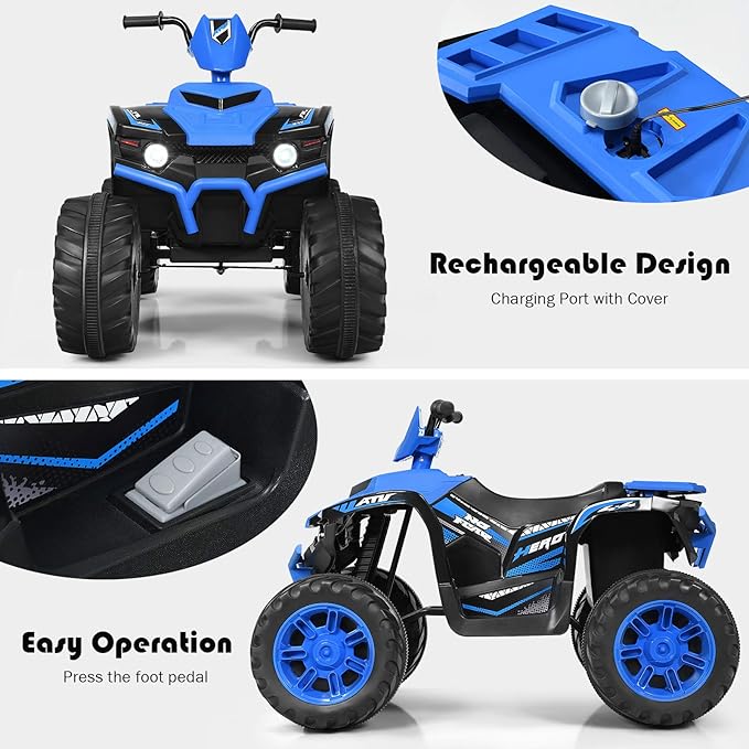 Costzon Kids ATV, 12V Battery Powered Electric Vehicle w/LED Lights, High & Low Speed, Horn, Music, USB, Treaded Tires, Ride on Car 4 Wheeler Quad for Boys & Girls Gift, Ride on ATV (Blue)