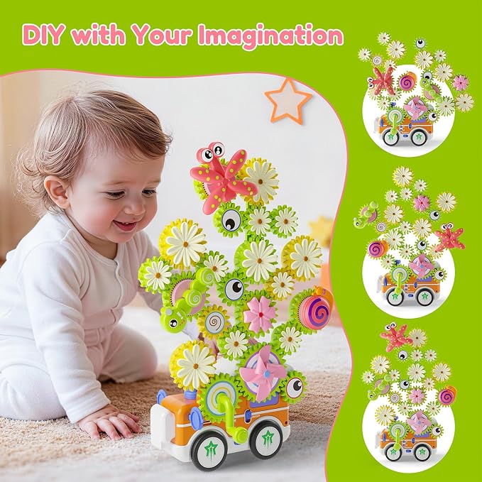 Gears Building Toys for Kids Ages 3+, STEM Construction Set for Toddlers, Train and Flower Models with Electric & Manual Modes, Lights and Music, DIY Educational Learning Toys Gift for Boys and Girls