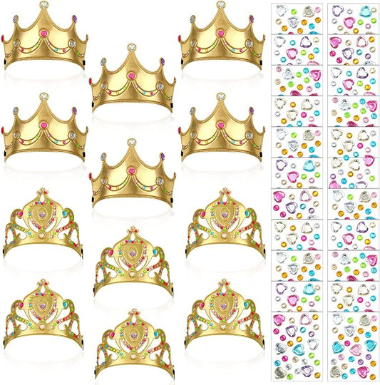 Yaomiao 22 pack DIY Crowns Set Include 12 Pcs Foam Princess Crowns and 10 Pcs Diamond Sticker for Kids