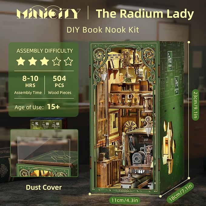 MiniCity Book Nook Kit, DIY Doll House Booknook, Miniature Kit for Bookshelf Doll Houses for Adults Teen Halloween, 3D Wooden Puzzle Bookends with Led Light and Dust Cover (The Radium Lady)