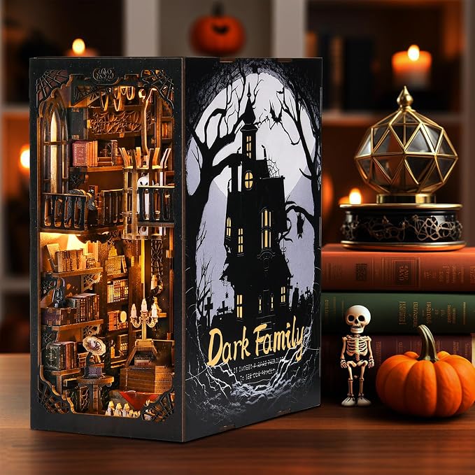 Book Nook Kit - Goth Castle DIY 3D Wooden Puzzle for Adults, Horror Bookshelf Insert with LED Lights, Halloween Home Decor Gift, The Dark Family