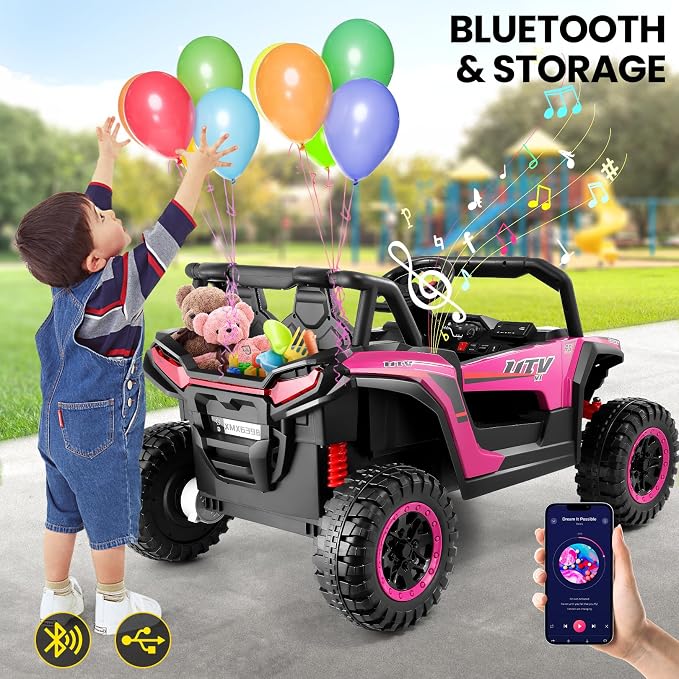 Hikole 24V Ride on Toys for Boys&Girl, 2 Seater Kids UTV with Parent Remote, 400W Battery Motors Operated, XXL Design, Steering Wheels, Easy to Assemble, Dashboard/LED/Horn/Bluetooth, Hot Pink