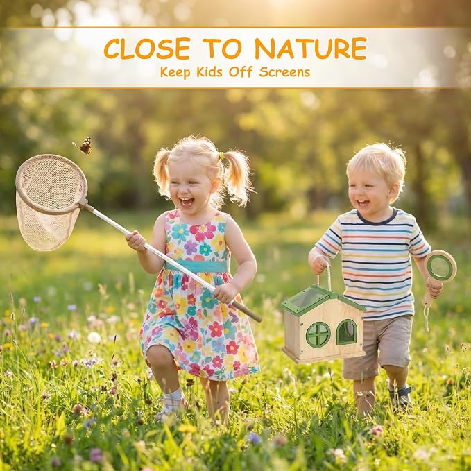 SainSmart Jr. Bug Catcher for Kids - Wooden Bug Habitat with Magnified Viewer, Butterfly Net, Observation Box, Tweezers & 15 Cards, Outdoor Toys & STEM Toys for Boys & Girls Ages 3+, Green