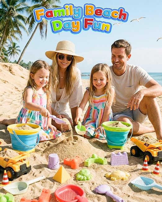 30PCS Beach Toys for Kids Ages 3-10, All-in-One Sand Toy Set with 2 Collapsible Buckets, Mesh Bag for Easy Packing, Trucks, Sea Animal Molds, Shovels & Sieves for Beach, Sandbox & Snow Play
