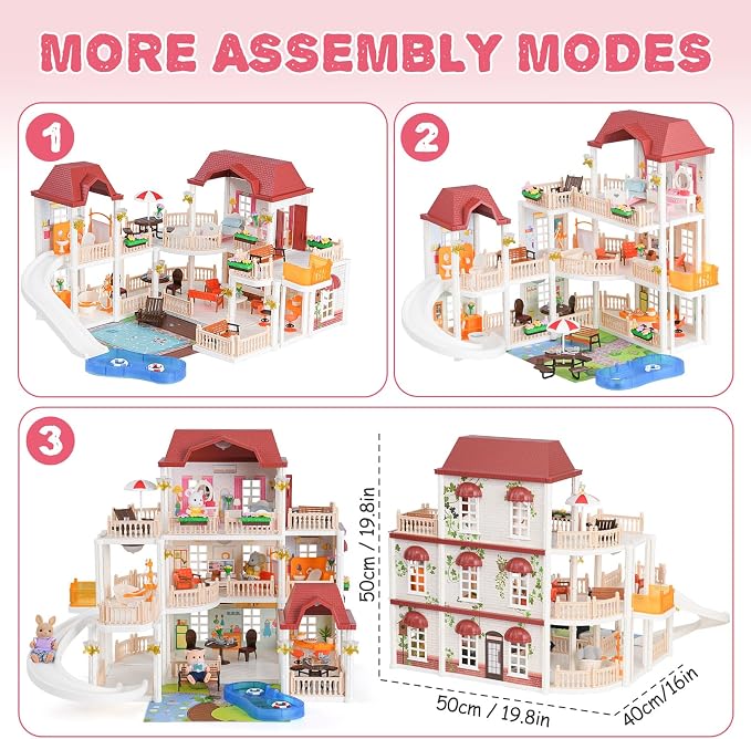 TUZT Doll House with 45 Pcs Furniture and Accessories, 3-Story with 4 Animal Dolls, Food Cooking Set, Warm Lights, Pool Slide and Movable Elevator, Pretend Play Dream Dollhouse for Girls 3+