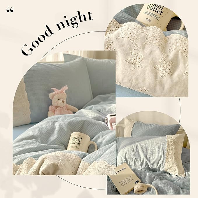 LifeTB Twin XL Comforter Set Blue Gingham Comforter with 2 Pillowcases Princess Lace Style Blue Plaid Grid Comforter Lightweight Soft Gingham Bedding Vintage Plaid Checkered Comforter Set Twin XL