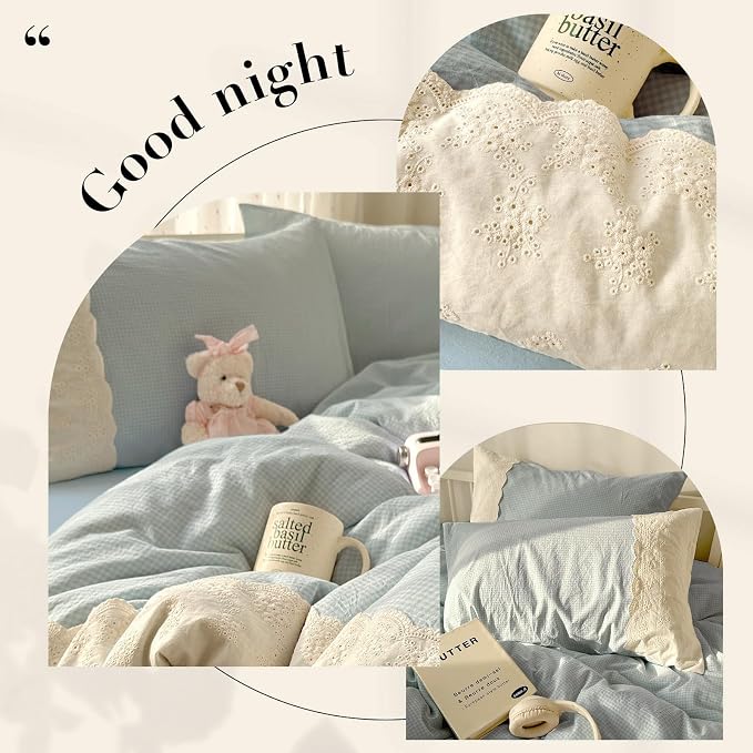 LifeTB Blue Gingham Comforter Set King Romantic Lace Bedding Comforter with 2 Pillowcases Vintage Plaid Checkered Comforter Farmhouse Grid Bedding Set Blue Plaid Comforter Set for All Seasons