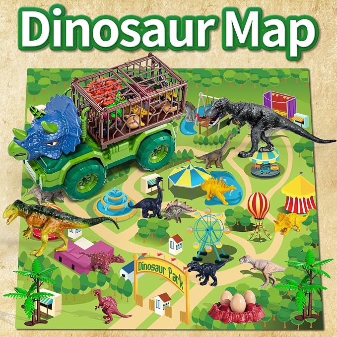 Dinosaur Toys for Kids 3-5, Dinosaur Transport Truck Car Set with 8 Dinosaur Figures & Play Mat, Gift for 2 3 4 5 6 7 Year Old Toddler Boys