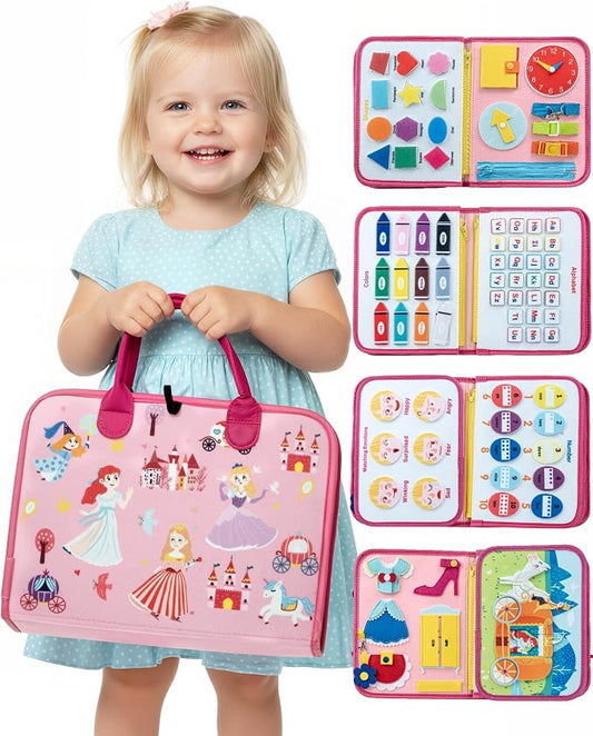Pink Montessori Busy Board for Toddlers,8-Page Sensory Activity Book for Fine Motor Skills & Basic Dress Learning, Portable Travel Toy for Preschool Kids, Portable Travel Gift for Preschool Girls