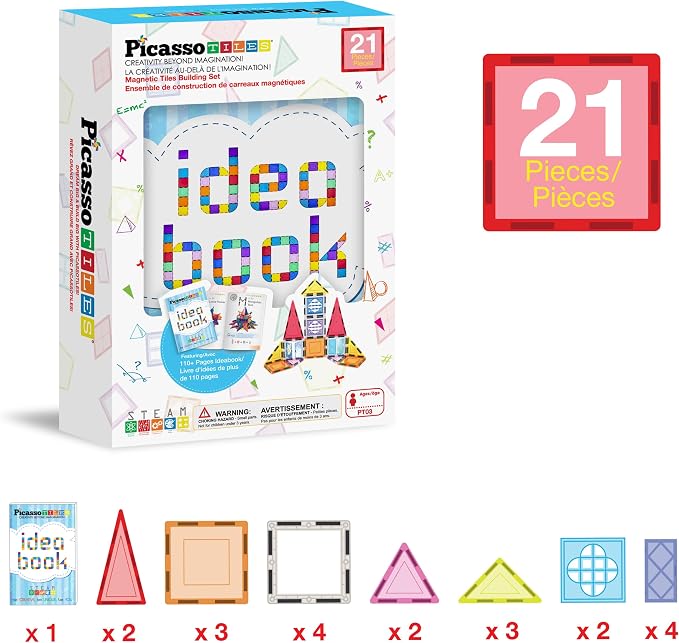 PicassoTiles Magnetic Tiles Magnet Toys Building Blocks Construction Set with 110+ Pages IdeaBook STEM Learning Playset Toddlers Educational Fun Play Kids Boys Girls Sensory Toys Ages 3+ PT03