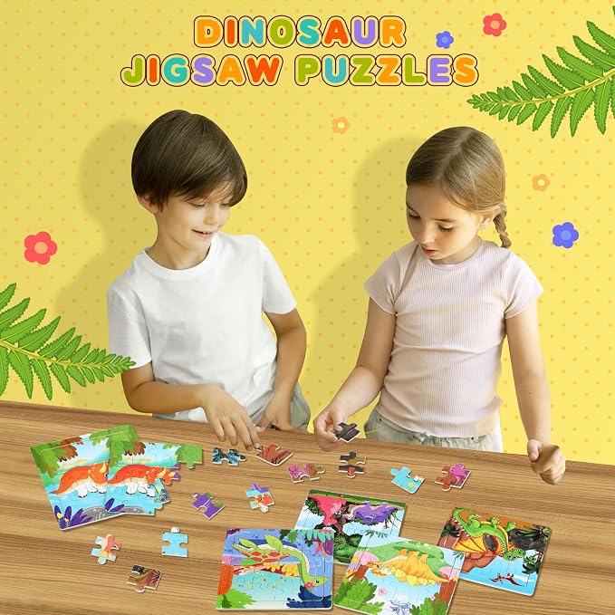 SANNIX 12 Pack Dinosaur Wooden Jigsaw Puzzles with 12 Organize Bags, Dinosaurs Animals Toddlers Puzzles for Kids Ages 3 4 5, Party Favors Educational Learning Travel Toys for Boys Girls