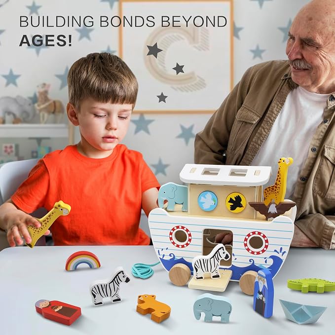 bpmfkid Noah's Ark Wooden Toy Set, Educational Wooden Animal Toys for Toddlers, Montessori Shape Sorter Educational Toys, Bible Story Engagement & Perfect Baptism, Christening Gift for 2-4 Y