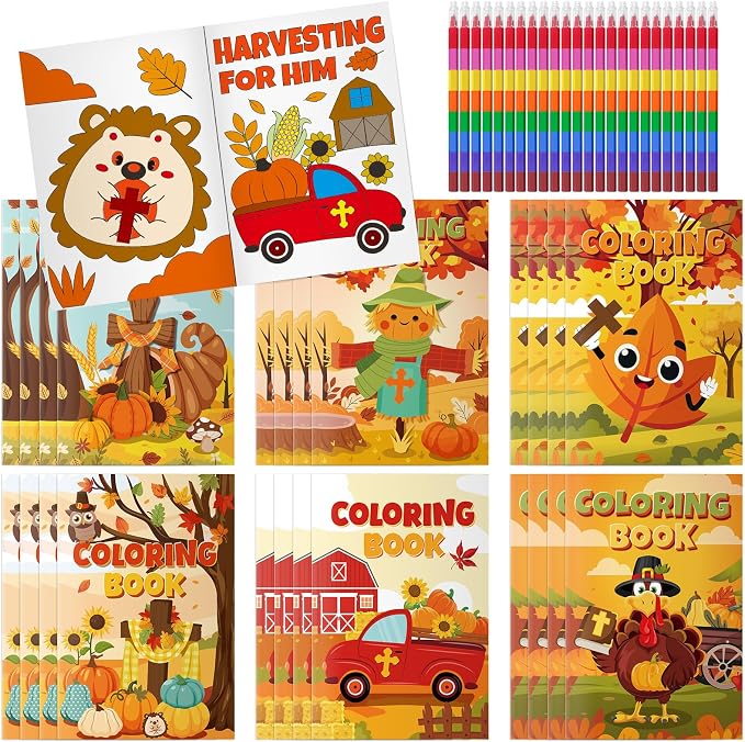 Cinrobiye 24 Set Fall Religious Coloring Books Bulk Mini Christian Thanksgiving Activity Books Autumn Bible Drawing Set for Sunday School Harvest Party Favors Gifts Goodie Bag Fillers