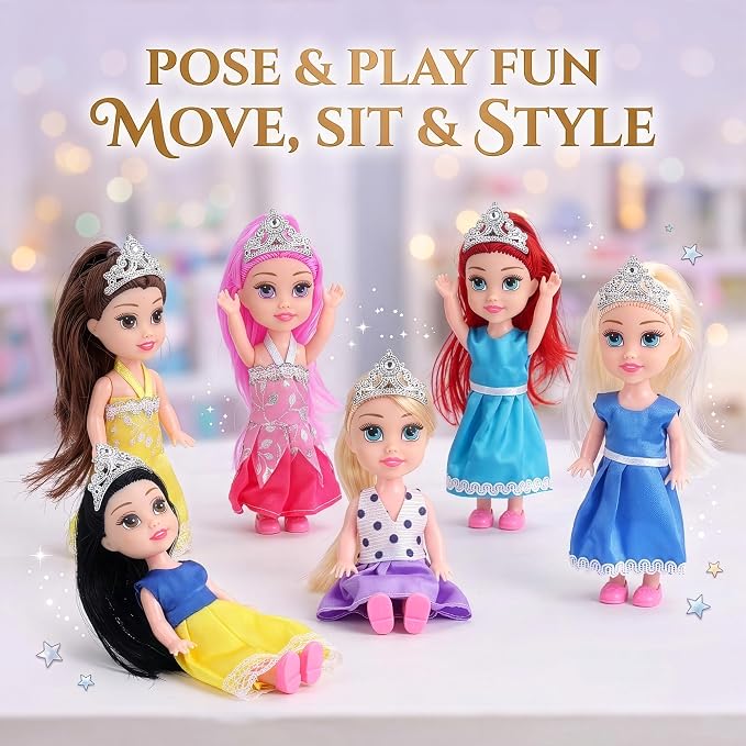 Liberty Imports 12 Pack Little Royal Princess Dolls - Mini Pocket Size Toddler Toys Fantasy Pretend Play Set with Dress, Accessories for Kids, Girls Dollhouse, Party Favors (4.5-inches)