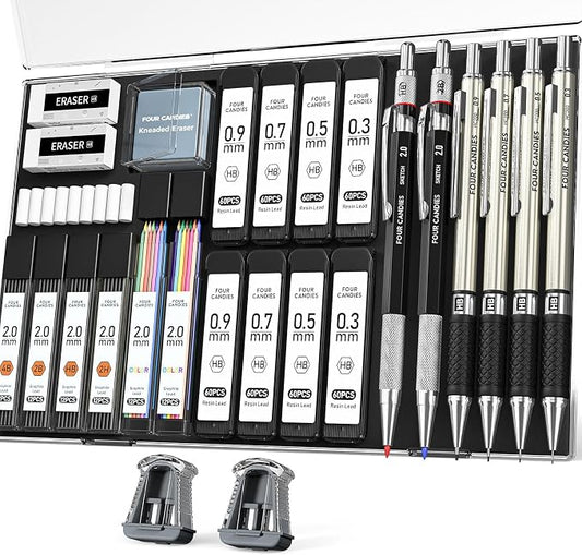 Four Candies 27PCS Mechanical Pencil Set with Case, Art supplies with Metal Pencil 0.3, 0.5, 0.7, 0.9 mm & 2PCS 2mm (HB 2H 2B 4B Color) with 552 Lead Refills, Technical Drawing Kit for Teen & Adults