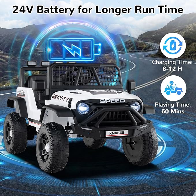 OLAKIDS 24V Ride on Car with Remote Control, Bluetooth, LED Lights, Horn, Spring Suspension, High/Low Speeds, Soft Start for Kids Aged 3+ (White)