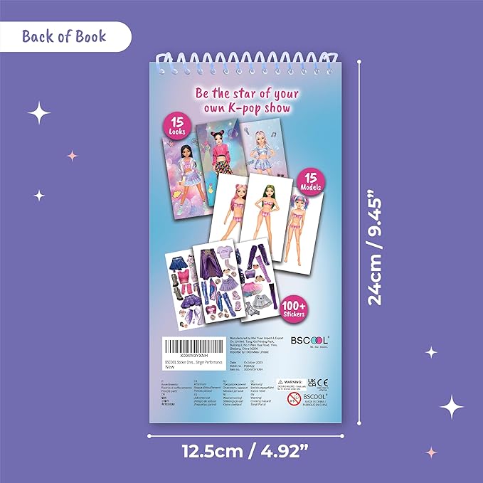 BSCOOL Sticker Dress up K-Pop - Sticker Activity Book for Kids, Learn Girls Fashion Design with Stickers and Guides for Kids 5 and Up, K-Pop Singer Performance, Gift for Girls