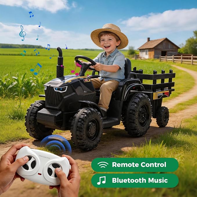 24V Kids Ride-On Tractor with Trailer, 400W Electric Farm Truck with Remote & Pedal Control, Headlights, USB MP3, Power Display, Adjustable Speeds, Safety Belt, Ride-On Toy Gift, Black