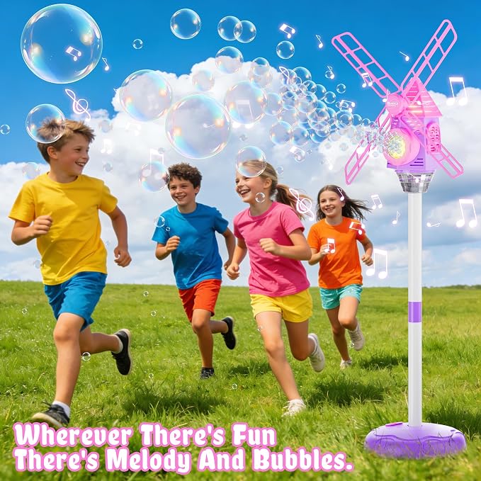 Windmill Bubble Machine for Kids, 51" Adjustable Height Standing Bubble Maker with Lights & Music, 10-Hole Battery Operated Bubble Blower with 130ml Tank, Outdoor Backyard Party Toys for Toddlers