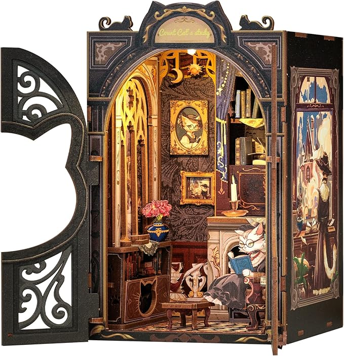 Cutefun Book Nook Kit - DIY Miniature Dollhouse Kit for Adults, Teens and Beginners, Tiny House Bookshelf Decor 3D Wooden Puzzles, Best Birthday and Valentine's Day Gifts (Count Cat's Study)