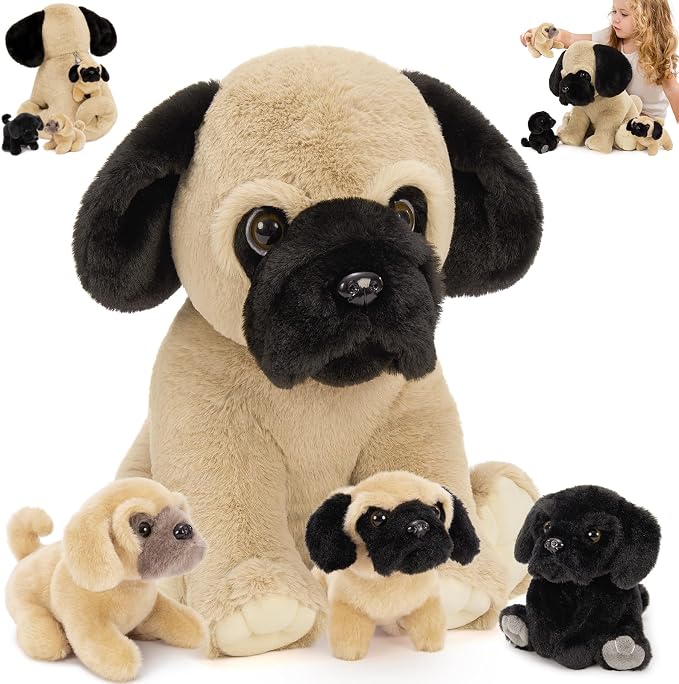 MorisMos Pug Dog Stuffed Animal with Babies,14'' Large Mommy Dog Push with Baby Puppy Toys for Kids,4Pcs Realistic Bulldog Toys for Girl Boy, Stuffed Pug Toy Gift for Birthday Christmas