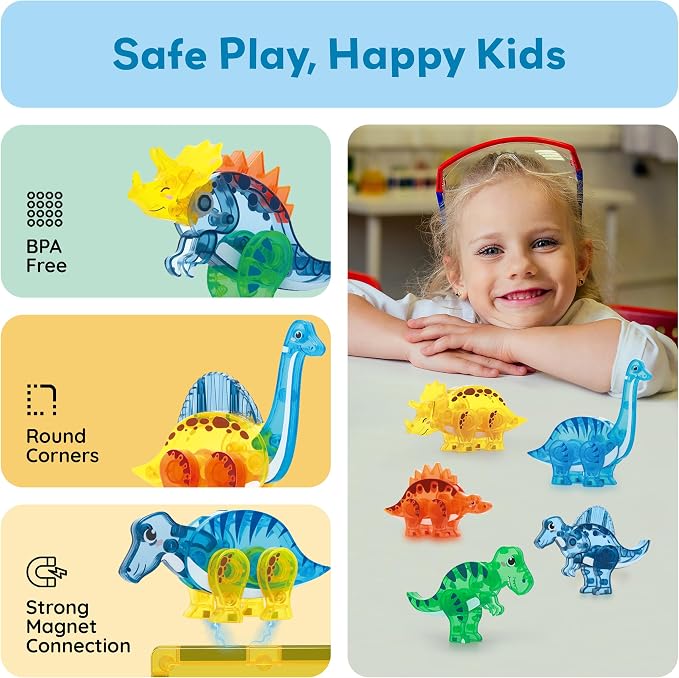 PicassoTiles Dinosaur Magnetic Tiles Accessory Set Mix and Match Dino Figure Parts for STEM Magnet Tile Construction Building Blocks Sets Creative Pretend Play Educational Toy for Kids Ages 3+ PTA28