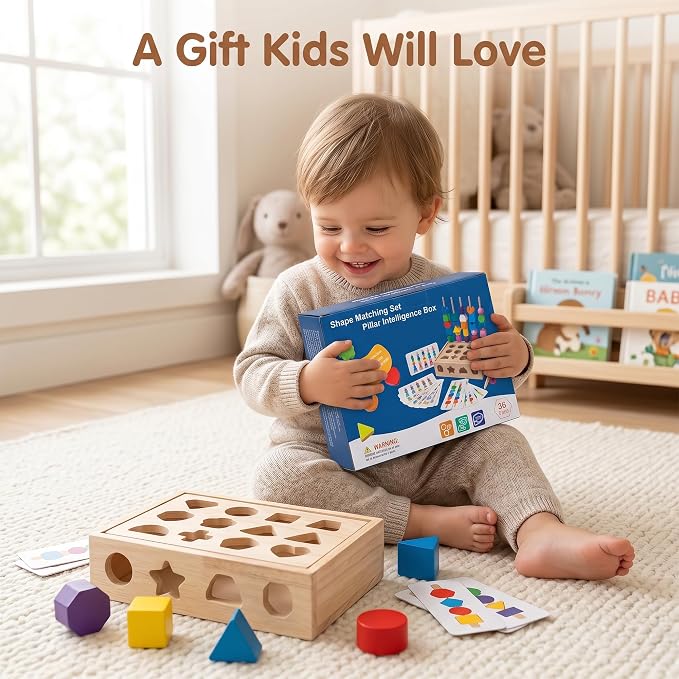 4 in 1 Montessori Wooden Shape Sorter Toy, Color Sorting Stacking Sequencing and Lacing Beads with Pattern Cards, Fine Motor Skills Learning Toy for Toddlers Preschool Boys Girls