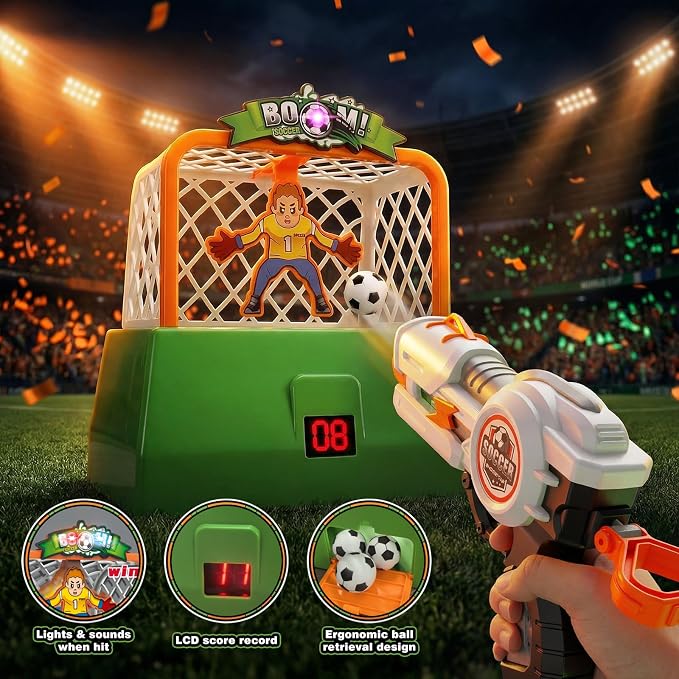 Kids Shooting Game Toy Set - 2 Pack Soccer Game 2 Foam Ball Blaster Launchers with 48 Soccer Balls, 6 Bowling Pins with LCD Score Display - Sports Toys for Boys Girls Ages 3+Years