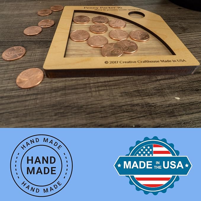 Creative Crafthouse Penny Packer 16 Wood Coin Packing Puzzle for Adults | All the pennies you need are included. Lay each piece flat to find the one solution. A desk and coffee table gift
