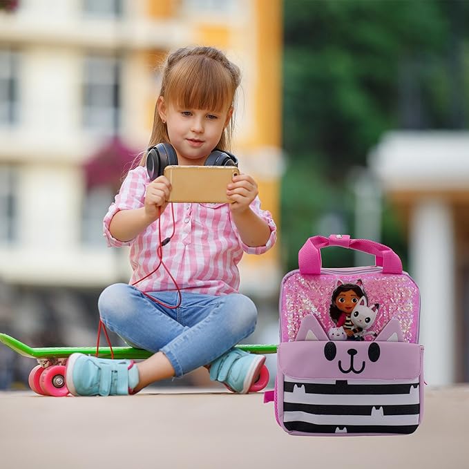 AI ACCESSORY INNOVATIONS Gabby’s Doll House 12” Mini Backpack for girls, Flip Sequin School Bag for Preschool, Pandy Paws Flap Pocket w/3D Ears