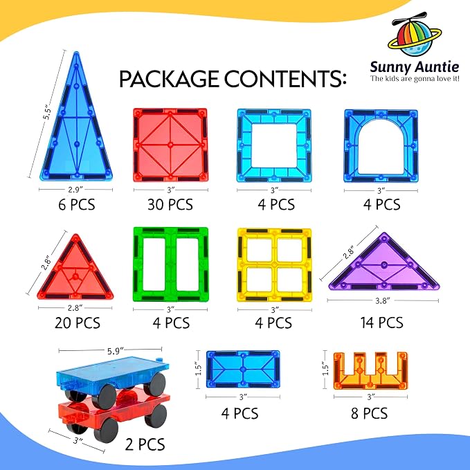 SUNNY AUNTIE Magnetic Tiles 100 PCS with 2 Cars – Magnetic Building Tiles STEM Toy for Kids Ages 3-8, Magnet Construction Set for Boys & Girls