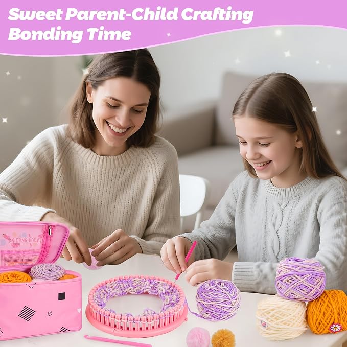 PREBOX Knitting Loom Craft Kit for Kids & Beginners - Create Hat & Scraf with Yarn, Hook Needle, Birthday Gifts Ideas for Teens Girls Age 6-8 8-12 14+, Pink Loom