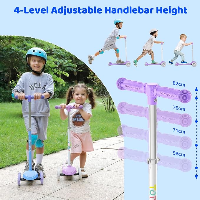 TONBUX Kids Scooter for Ages 3-5, Toddler Scooter with Light-Up Deck and Wheels, Adjustable 4-Level Height 3-Wheel Scooters for Kids, Lean-to-Steer Design